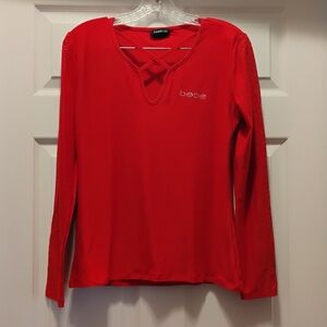 Bebe Stretchy Red V Neck Long Sleeve Top Size L